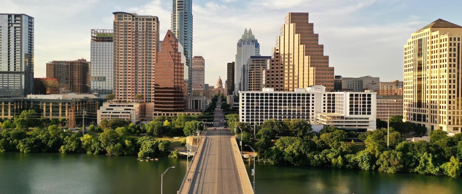 Downtown Austin with view of Capitol building taken from South Congress Bridge.