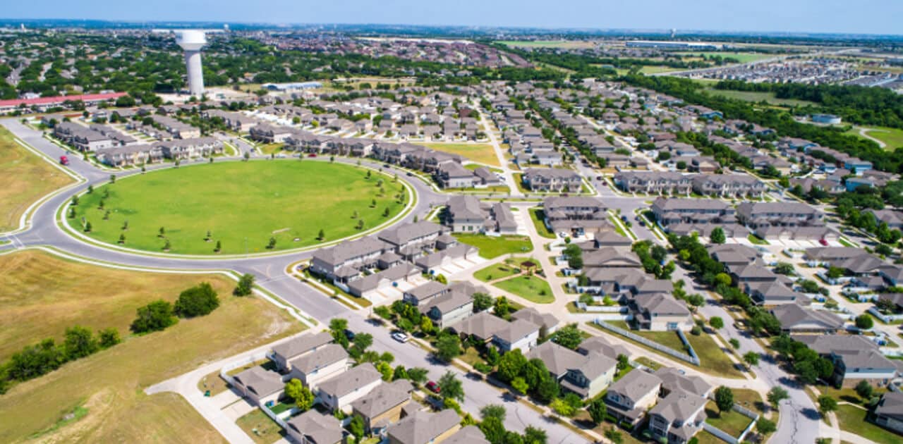 Aerial view of a modern development in Pflugerville